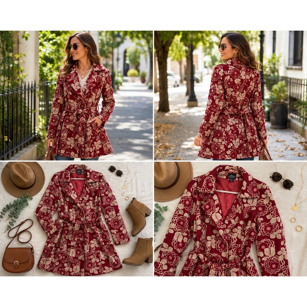 Angie Red Floral Tapestry Trench Coat‎ Belted Pea Coat Jacket Small